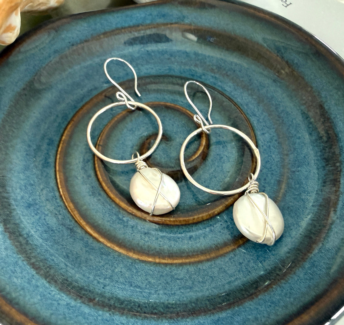 Wire Wrapped Coin Pearl Earrings
