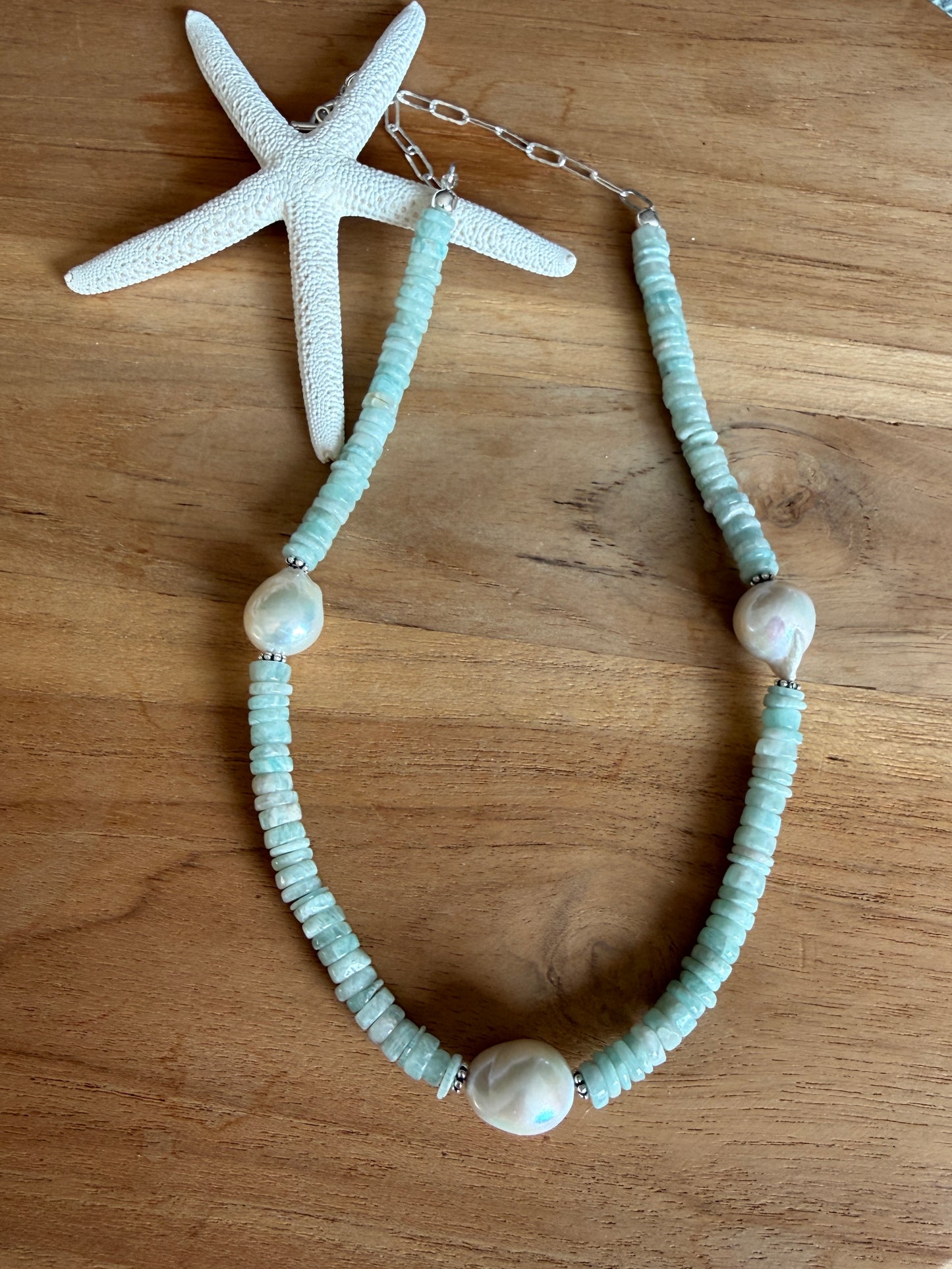 Amazonite and Baroque Pearl Necklace