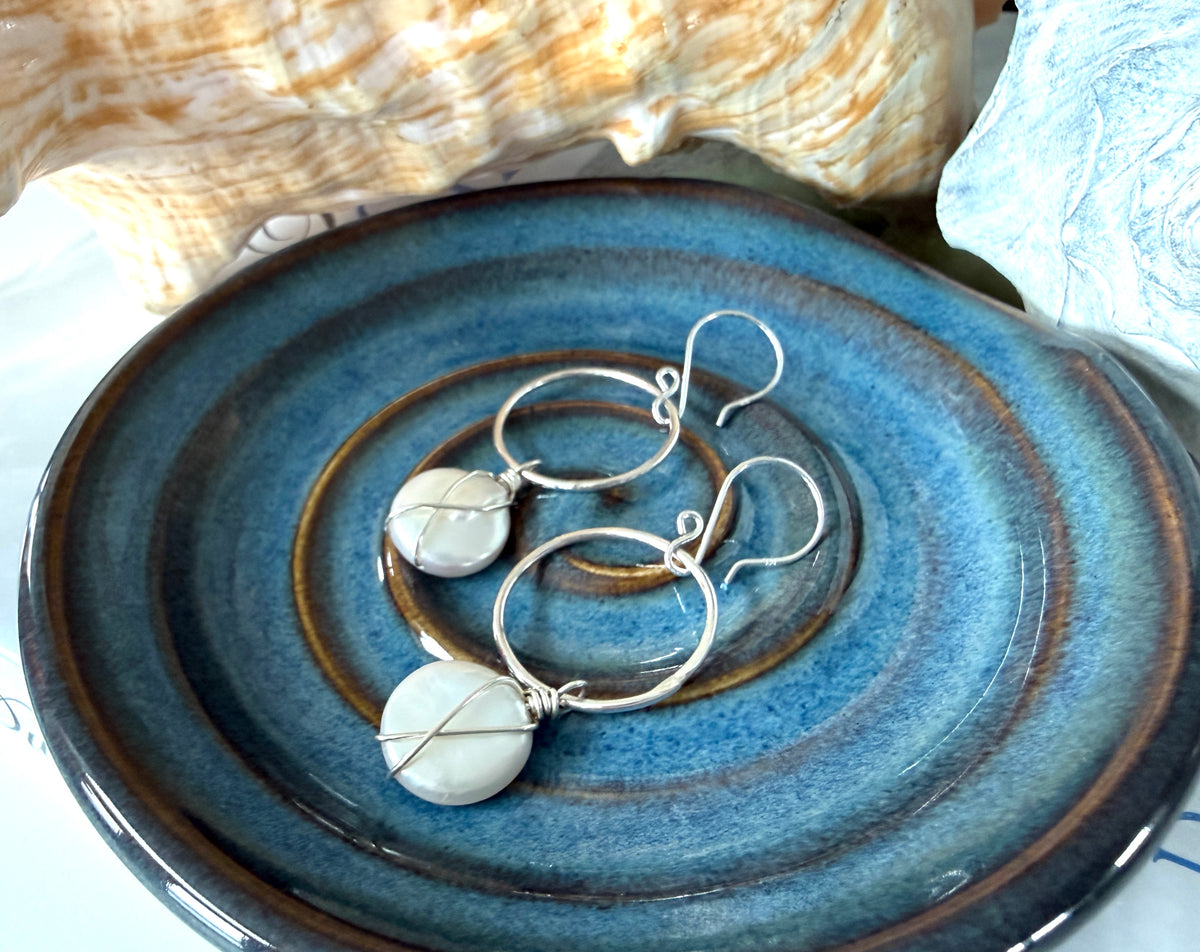 Wire Wrapped Coin Pearl Earrings