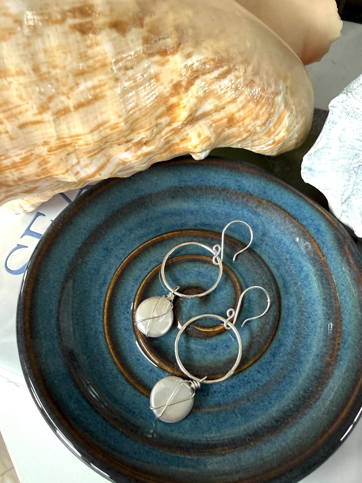 Wire Wrapped Coin Pearl Earrings