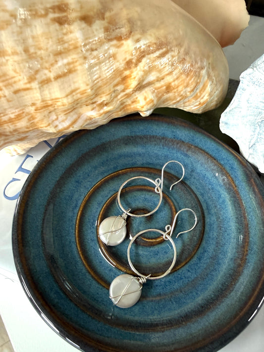 Wire Wrapped Coin Pearl Earrings