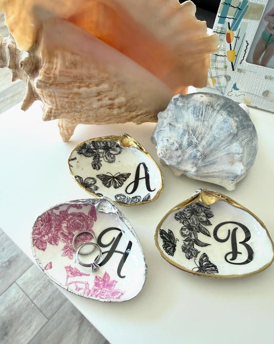 Monogram Clam Shell Trinket Dish in Green Toile