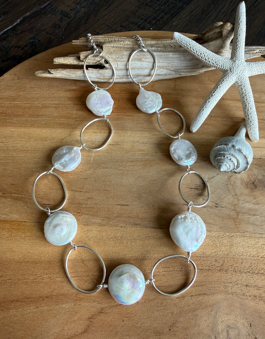 Coin Pearl and Silver Link Necklace