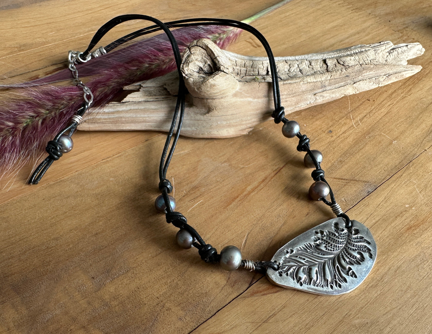 Leather and Freshwater Pearl Necklace with Feather Pendant