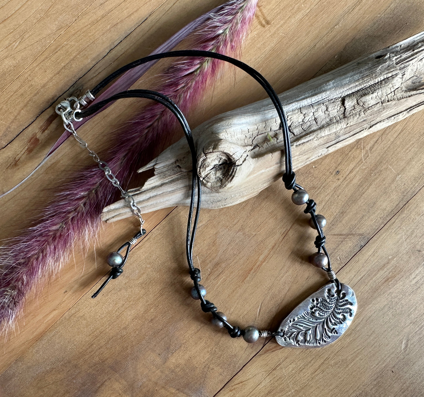 Leather and Freshwater Pearl Necklace with Feather Pendant