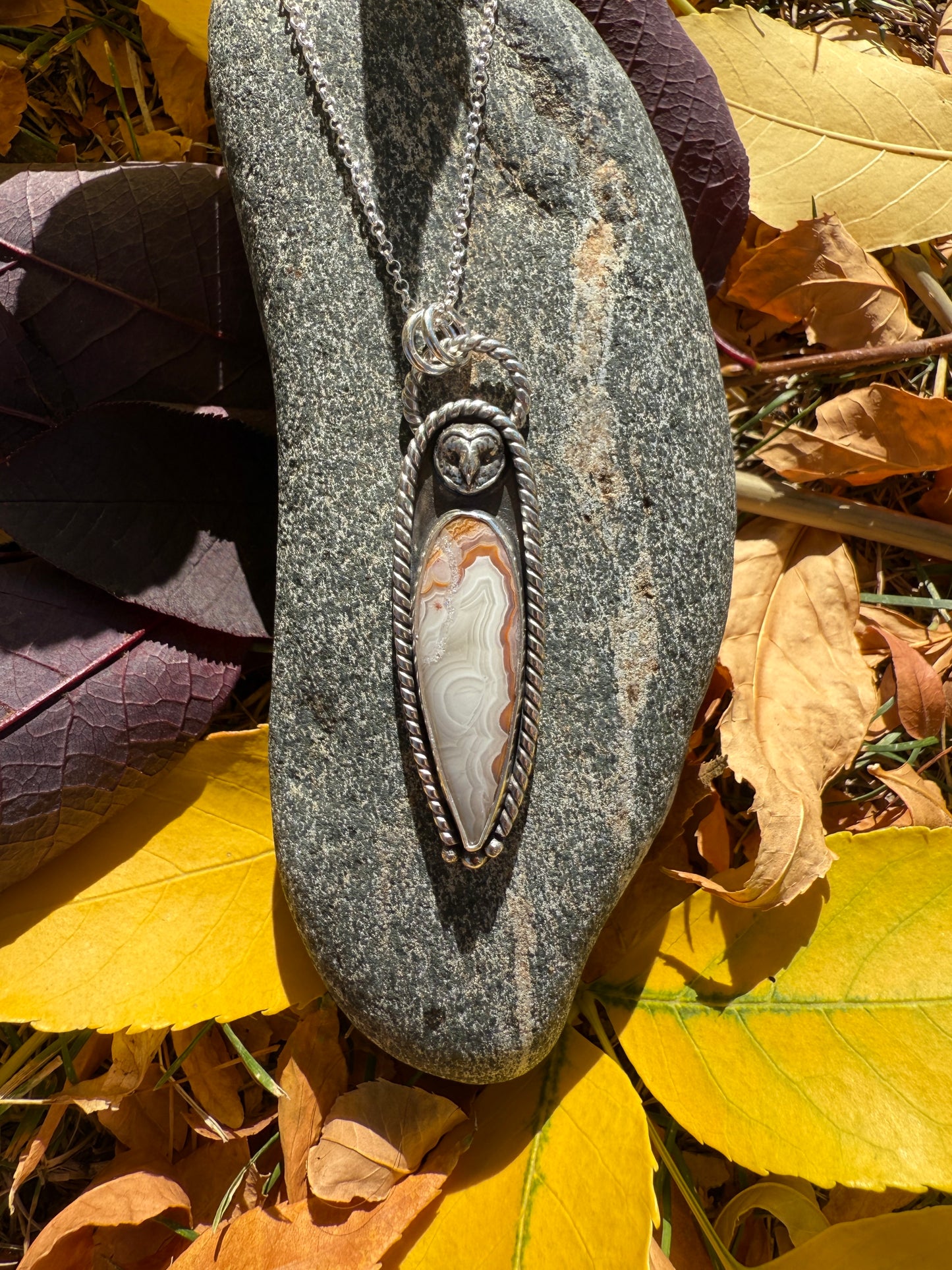 Owl Necklace with Crazy Lace Agate