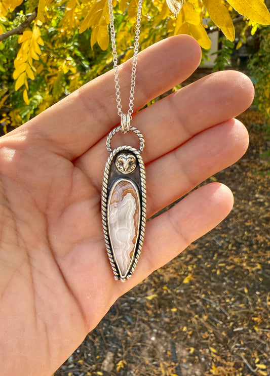 Owl Necklace with Crazy Lace Agate