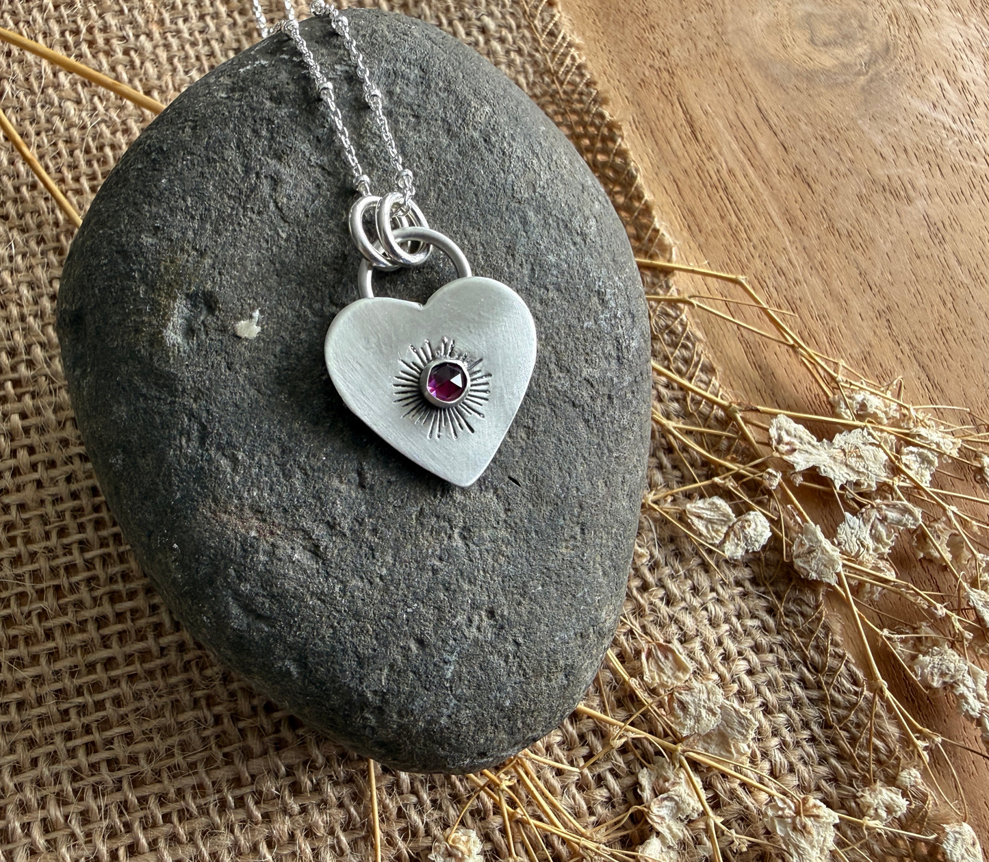 Silver and Garnet Heart Necklace