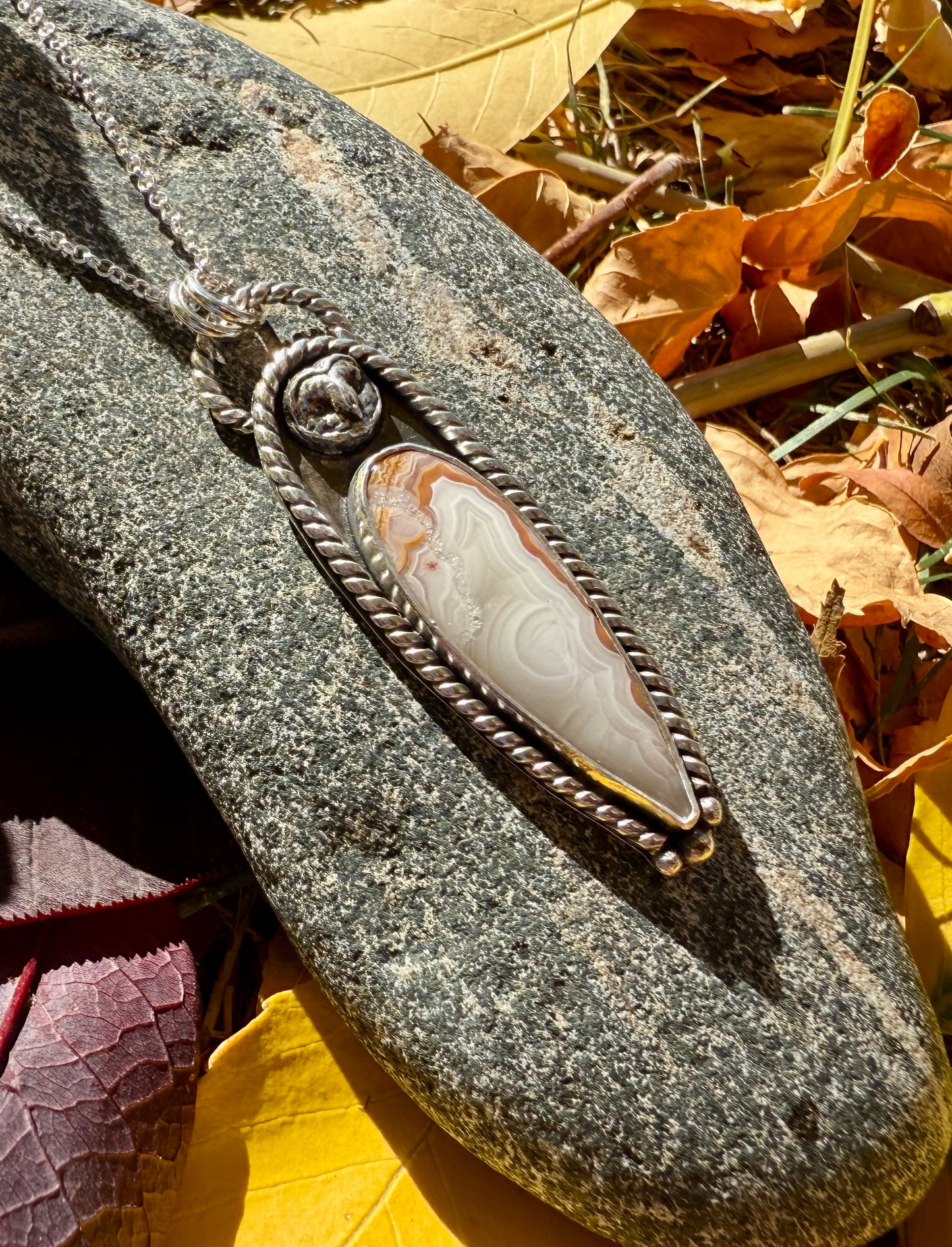 Owl Necklace with Crazy Lace Agate