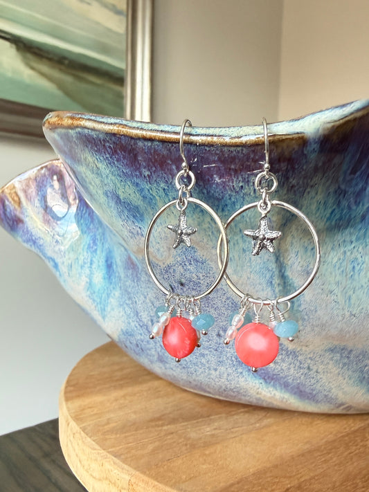 Sea Star and Coral Circle Earrings