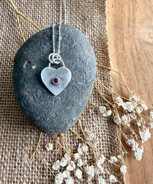 Silver and Garnet Heart Necklace