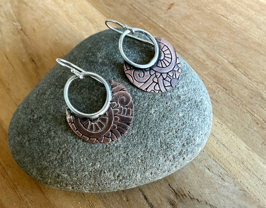 Textured Sterling Silver and Copper Earrings