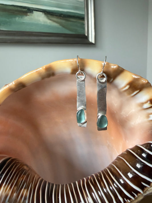 Pale Blue Sea Glass Bar Earrings