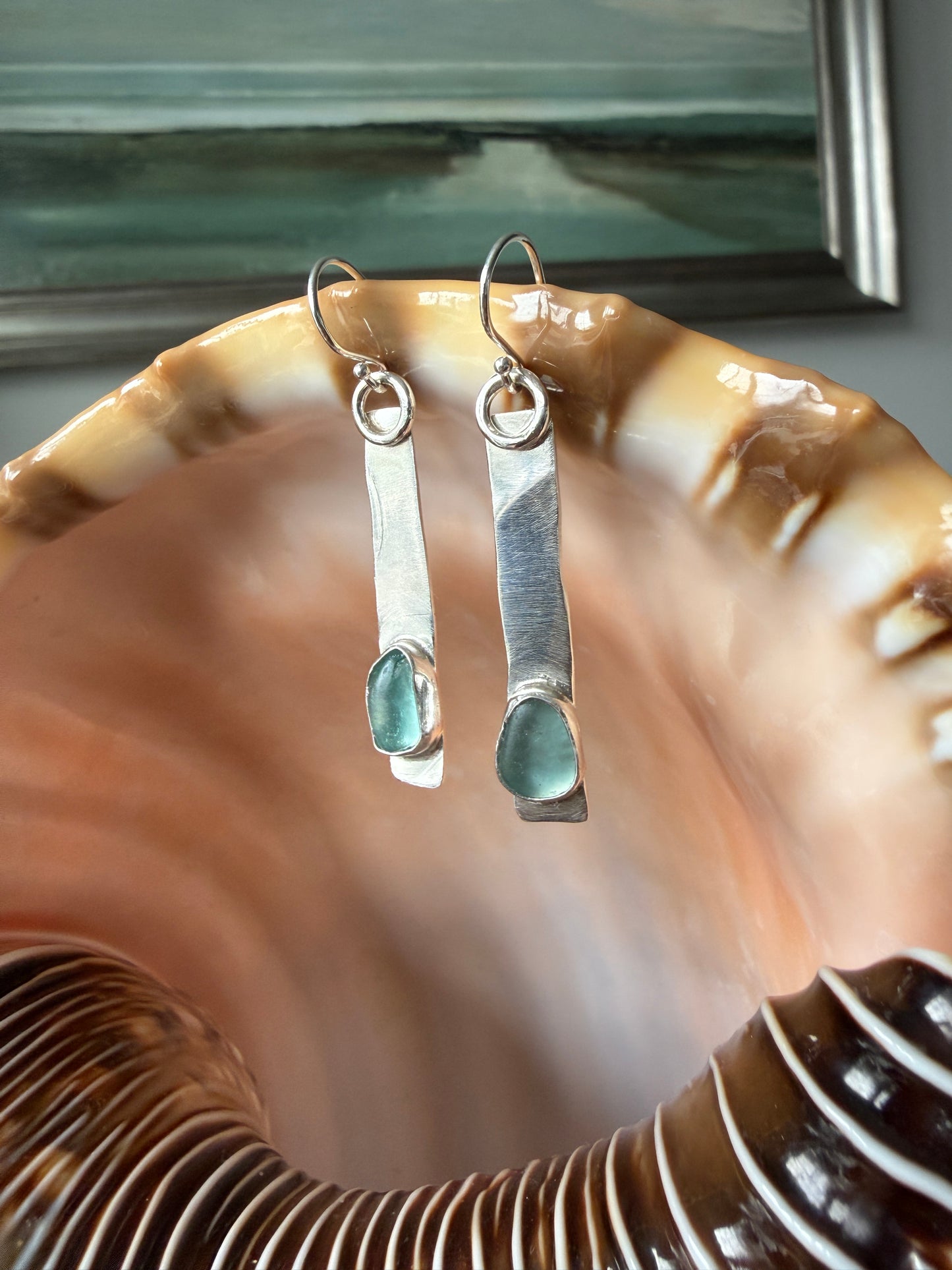 Pale Blue Sea Glass Bar Earrings