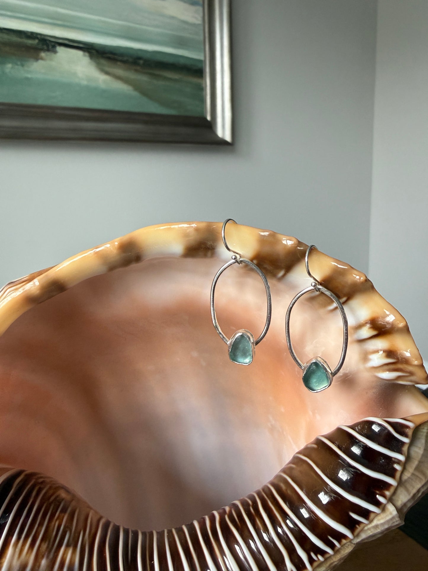 Aqua Blue Sea Glass Oval Hoop Earrings
