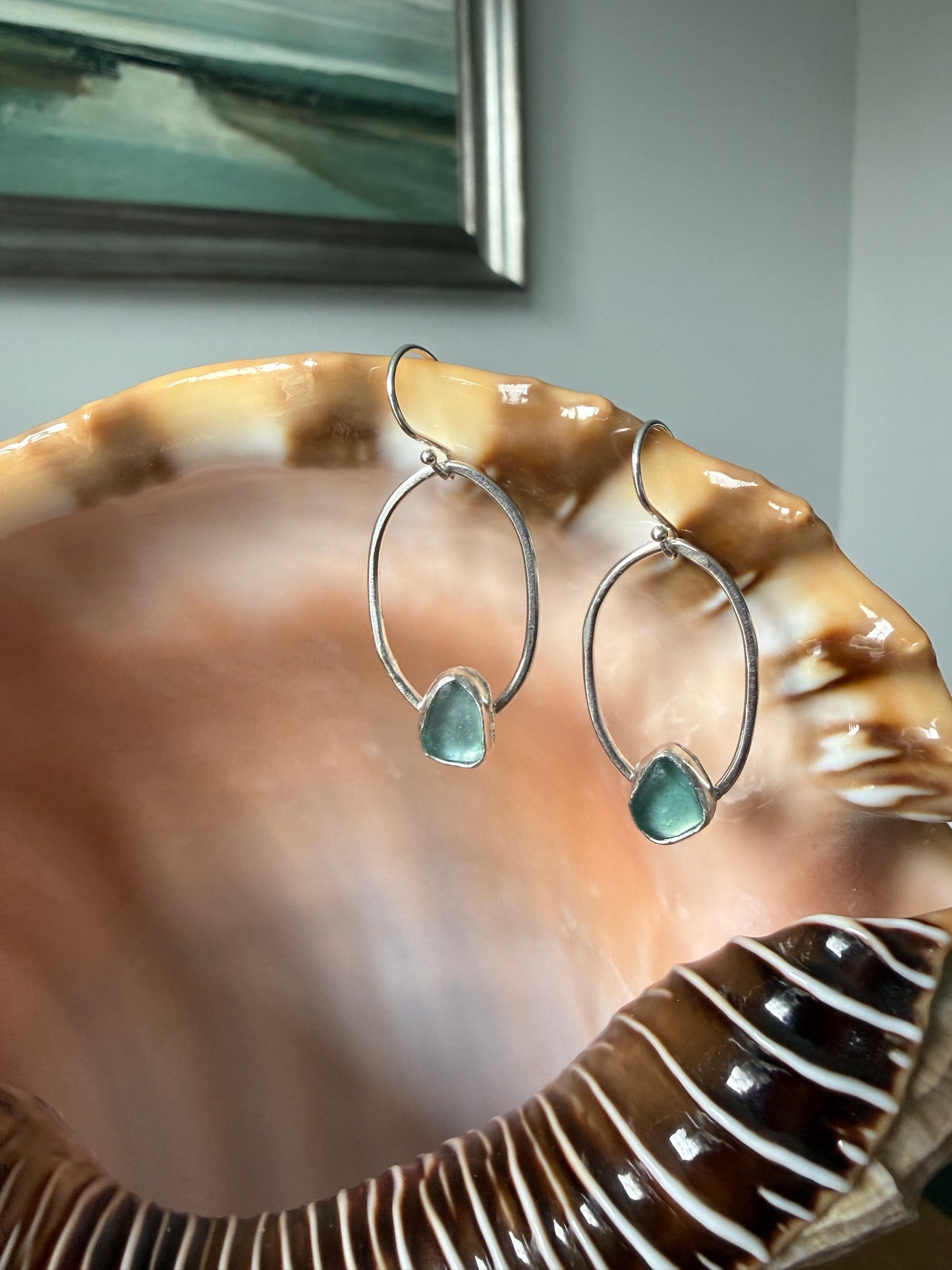Aqua Blue Sea Glass Oval Hoop Earrings