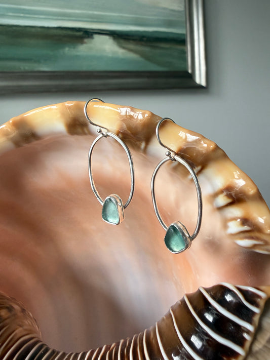 Aqua Blue Sea Glass Oval Hoop Earrings