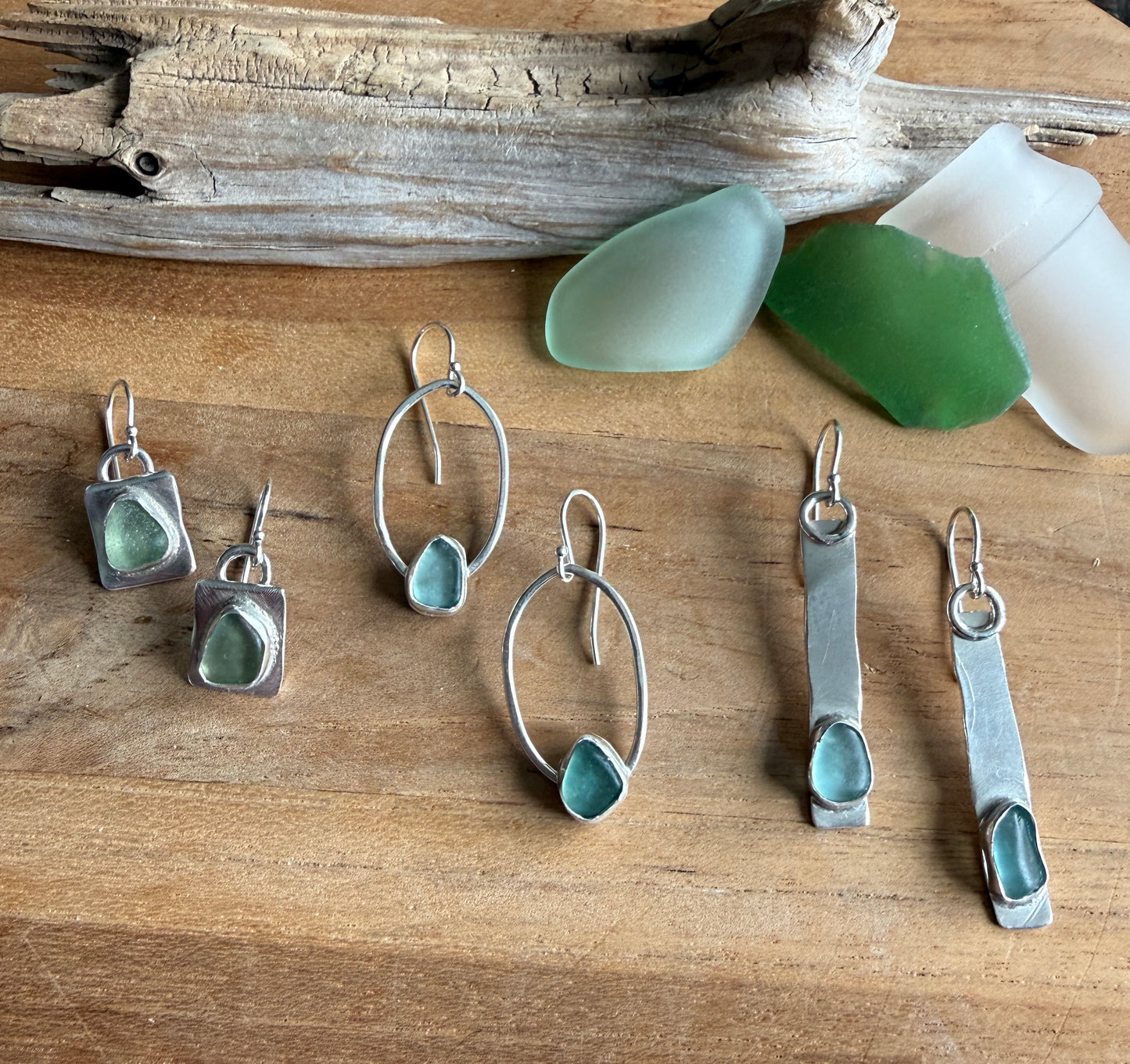 Aqua Blue Sea Glass Oval Hoop Earrings