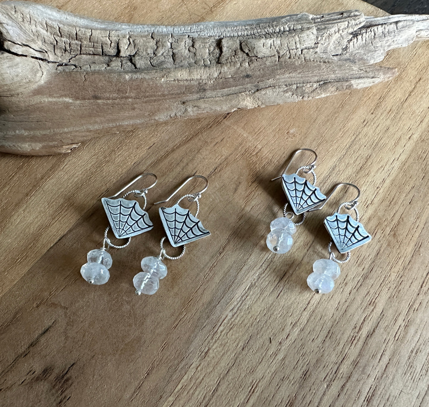 Sterling Spider Web Earrings with Moonstone