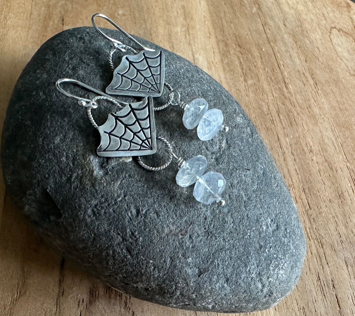 Sterling Spider Web Earrings with Moonstone