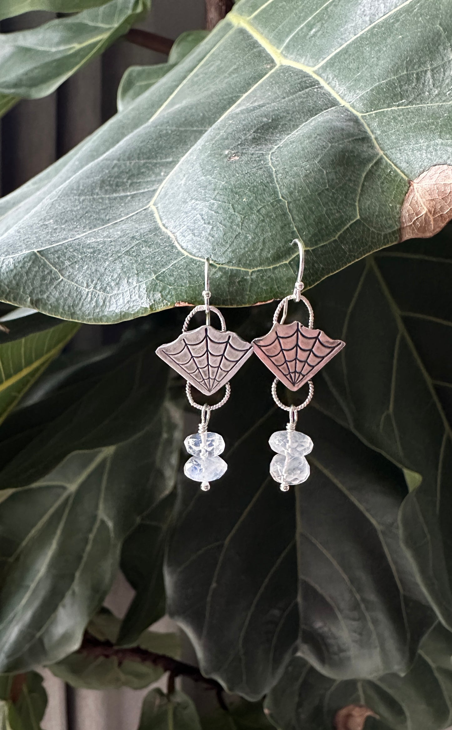 Sterling Spider Web Earrings with Moonstone