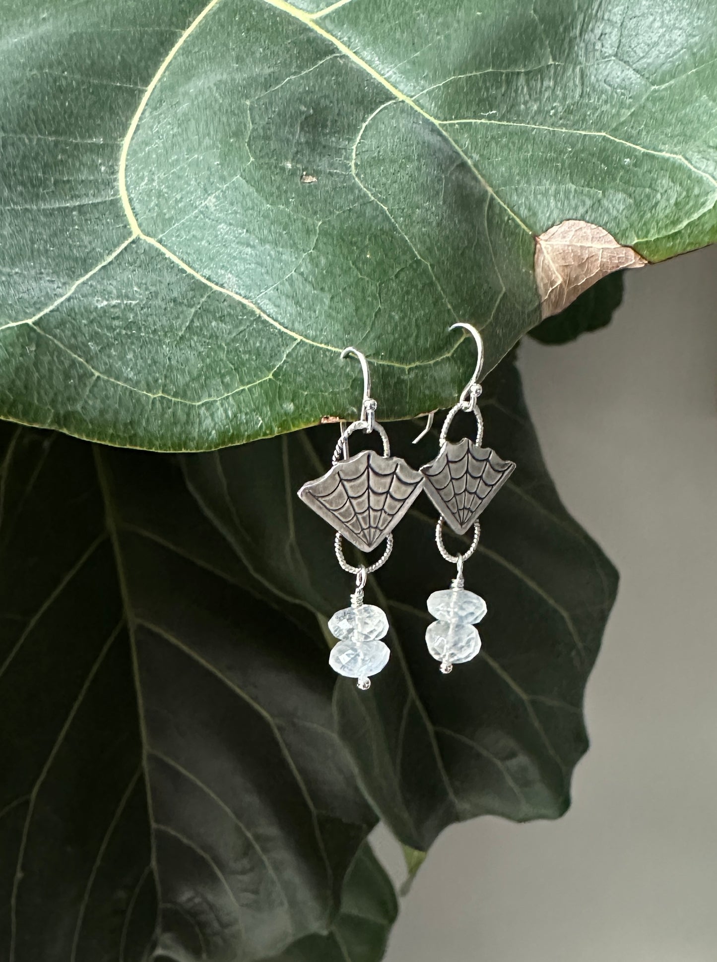 Sterling Spider Web Earrings with Moonstone