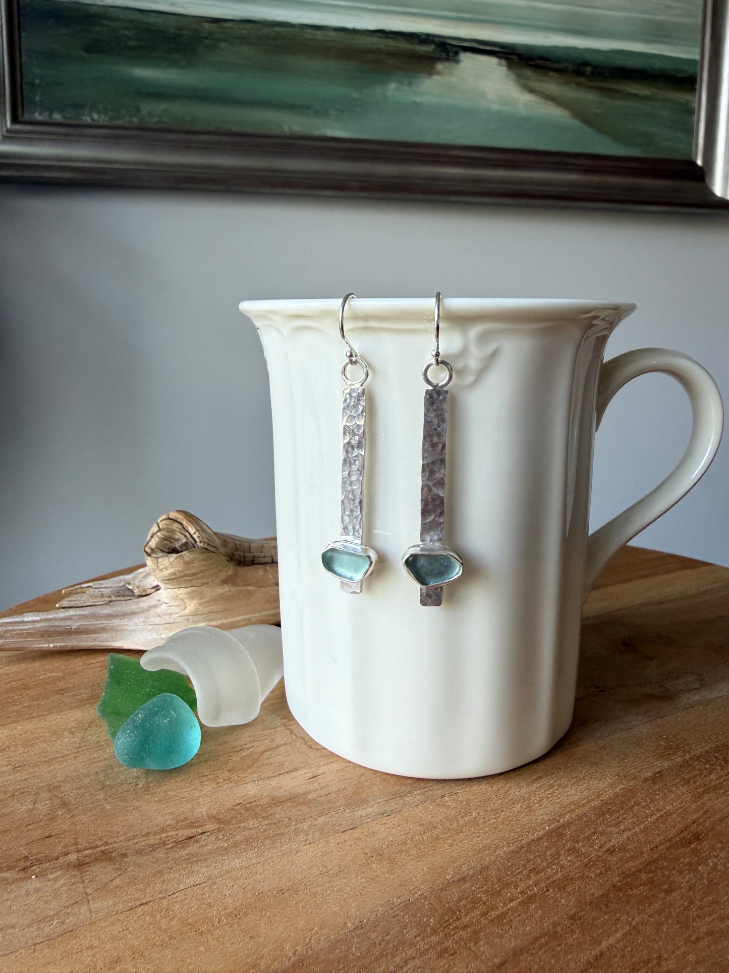 Aqua Blue Sea Glass Stick Earrings