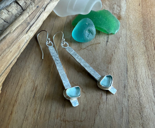 Aqua Blue Sea Glass Stick Earrings