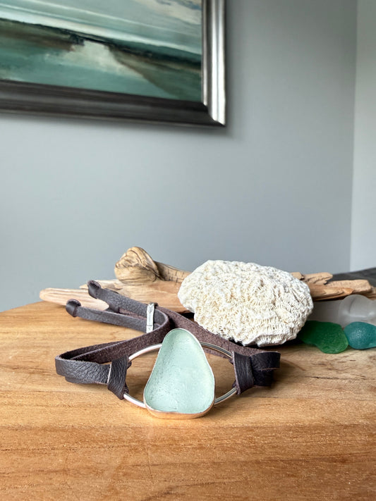 Sea Foam Sea Glass Leather Bracelet