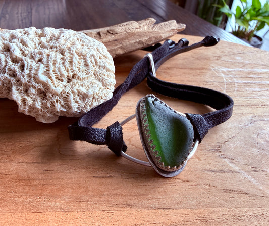 Green Sea Glass Leather Bracelet
