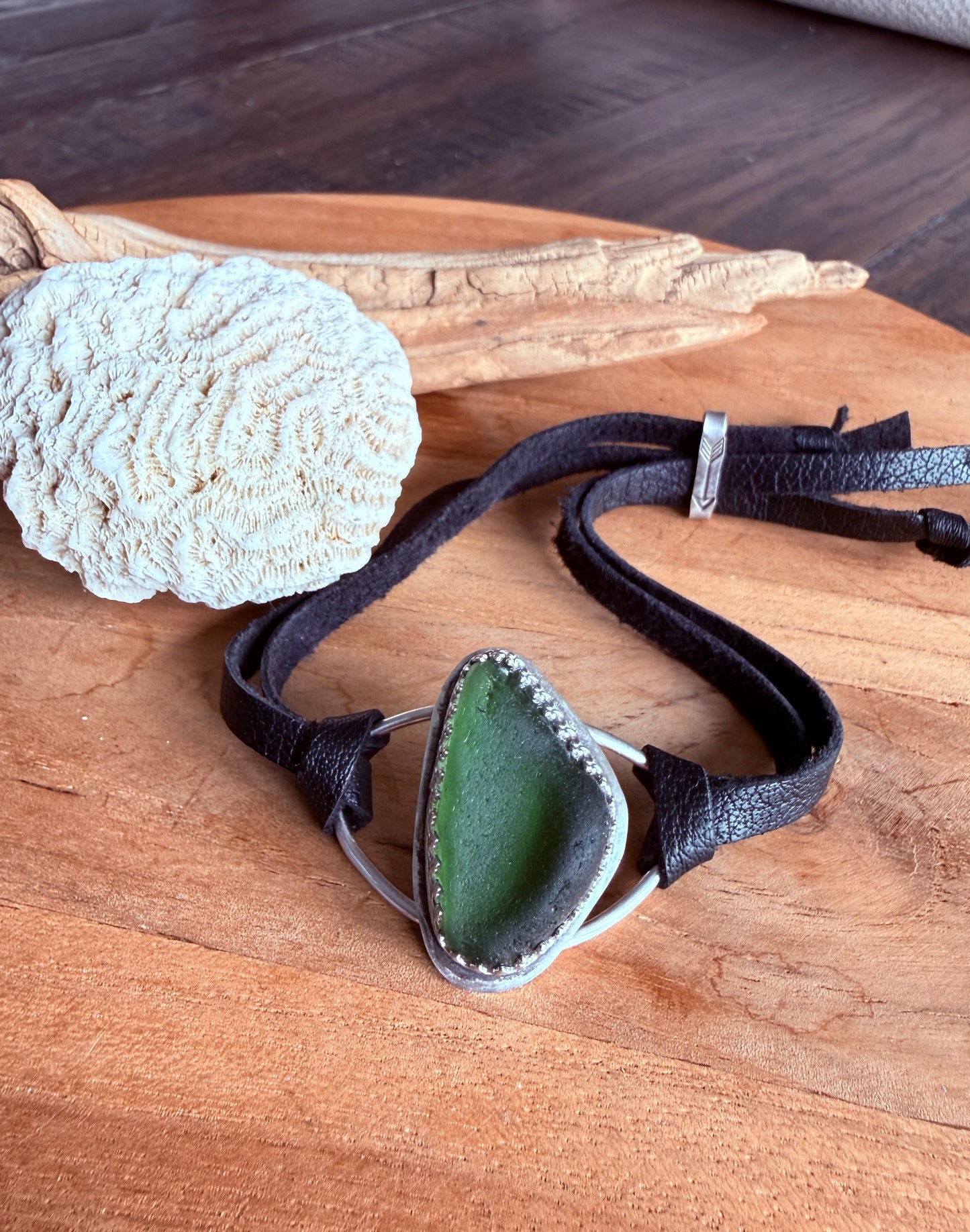 Green Sea Glass Leather Bracelet