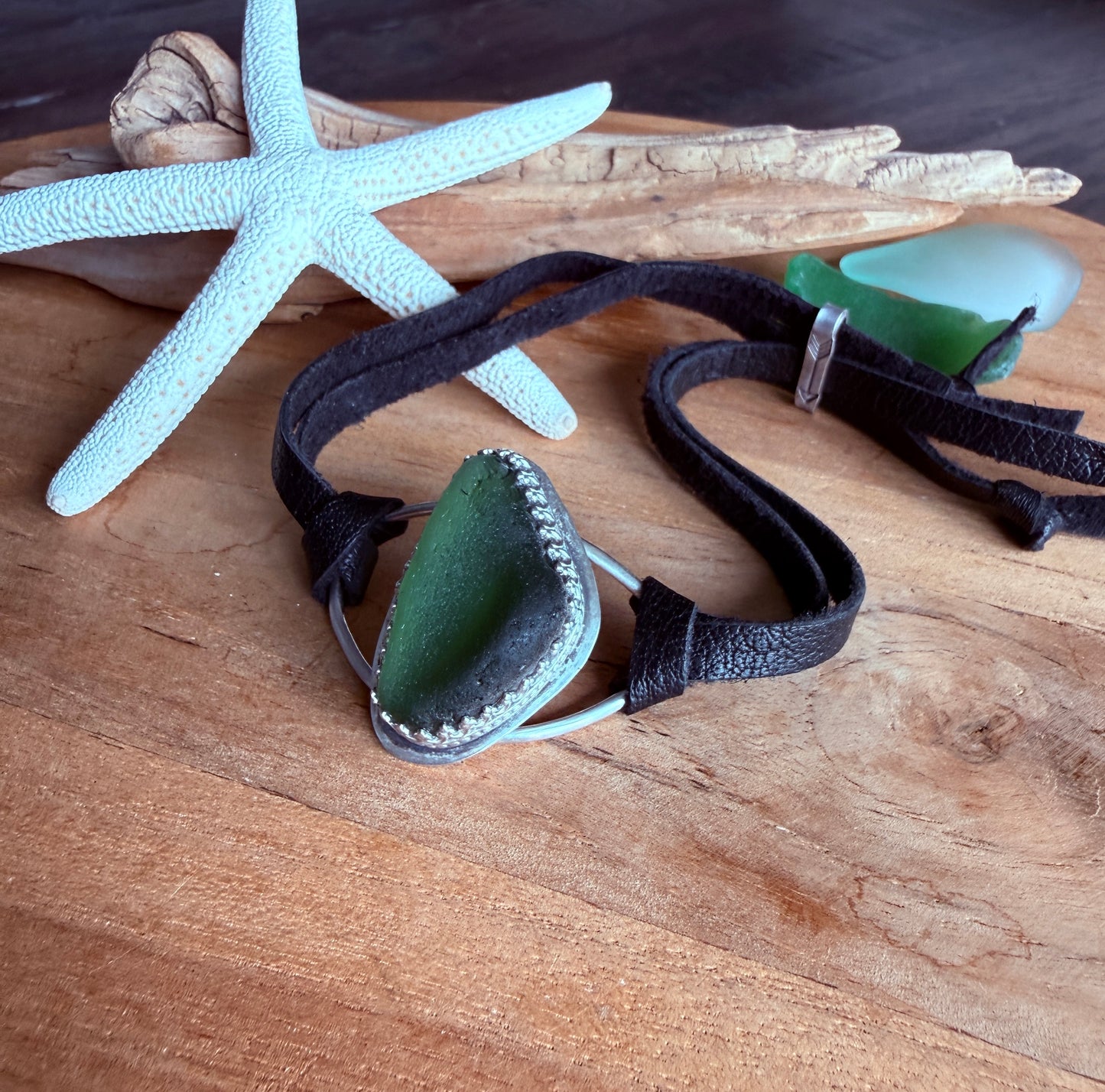 Green Sea Glass Leather Bracelet