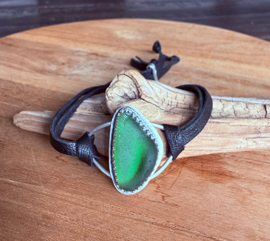 Green Sea Glass Leather Bracelet