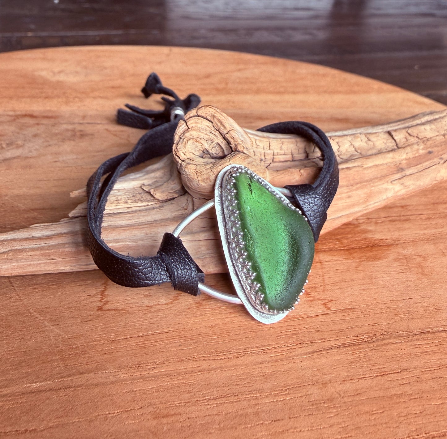 Green Sea Glass Leather Bracelet