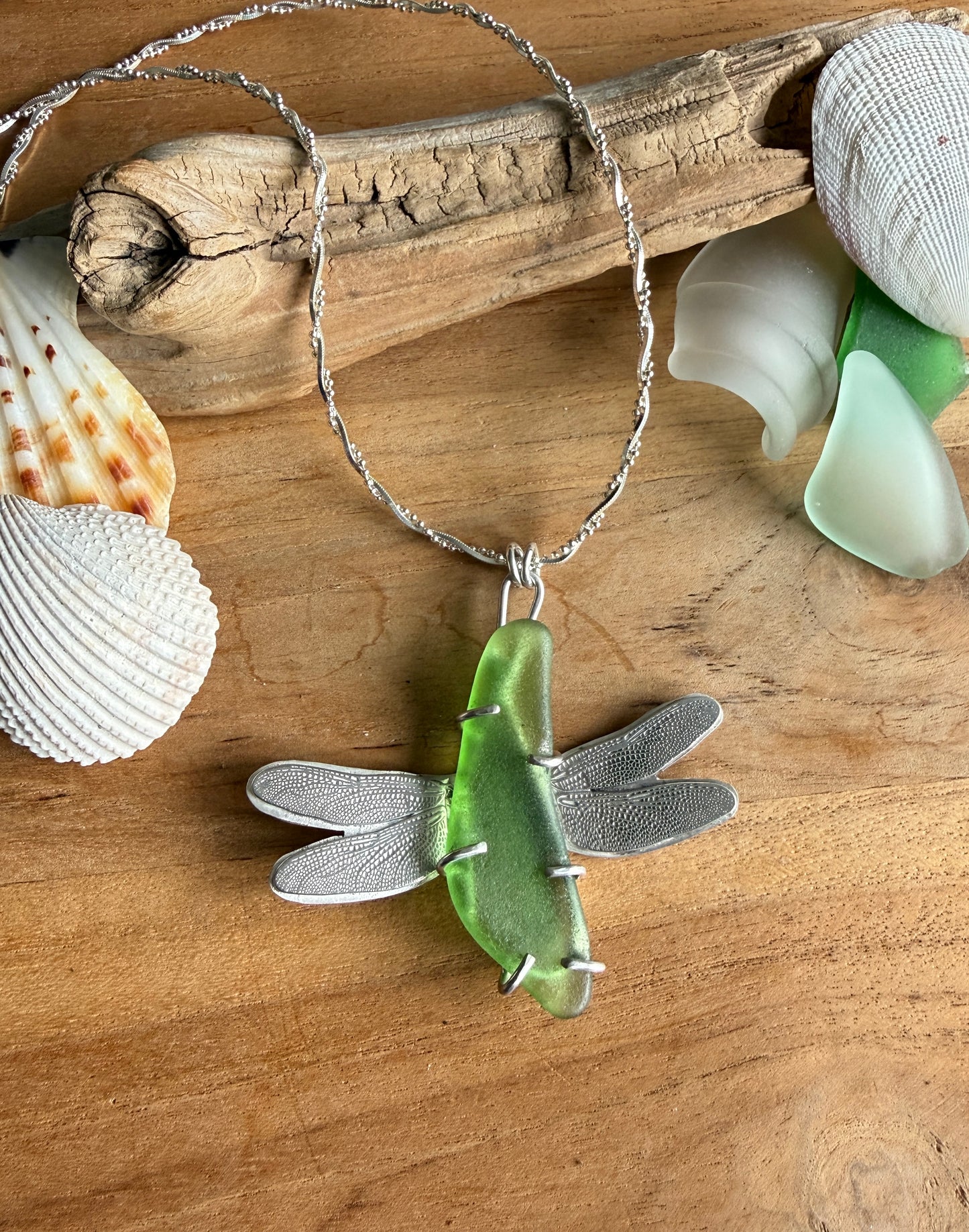 Green Sea Glass Dragonfly Necklace