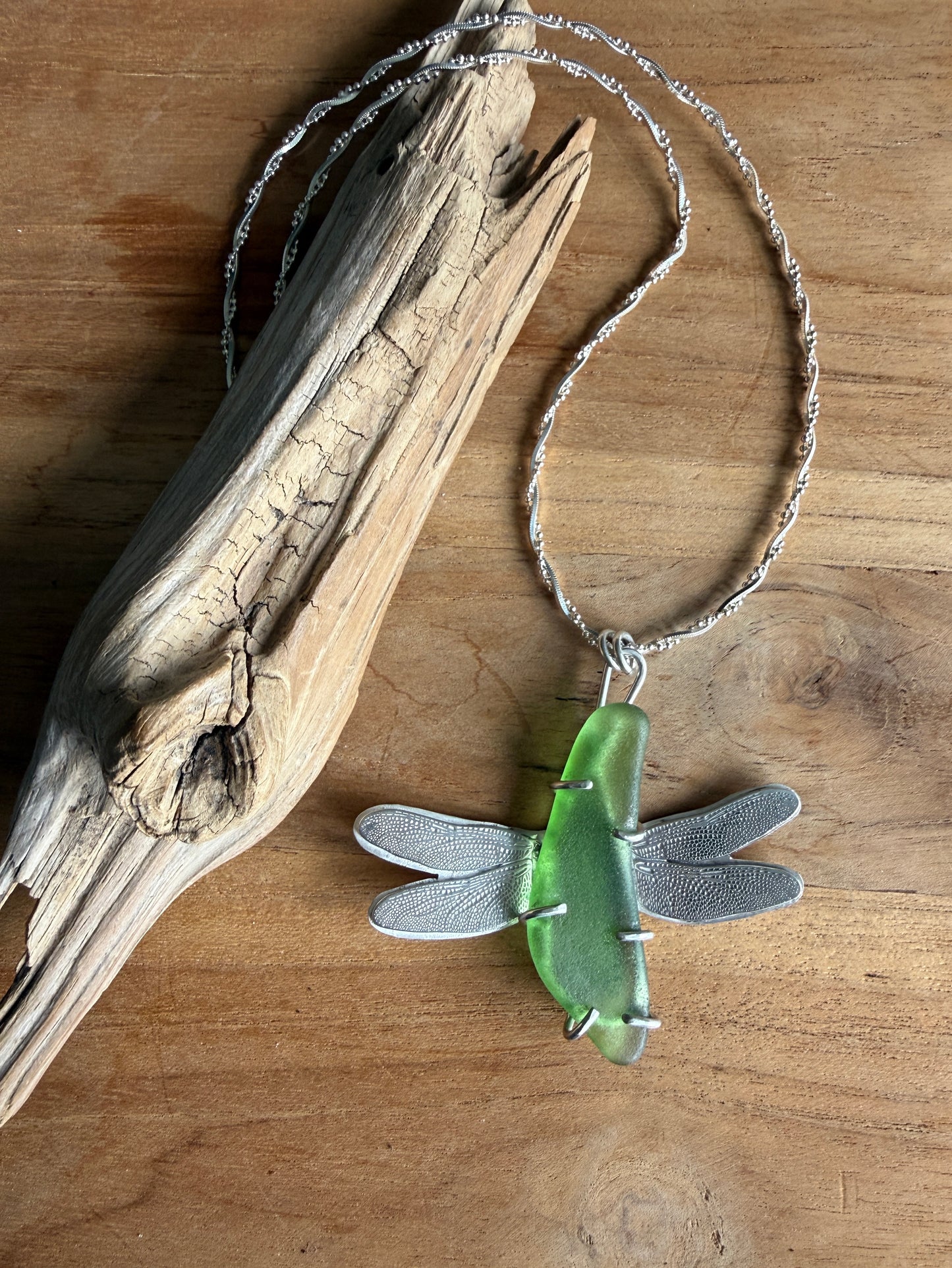 Green Sea Glass Dragonfly Necklace