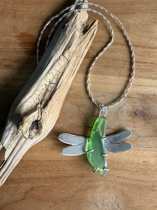 Green Sea Glass Dragonfly Necklace