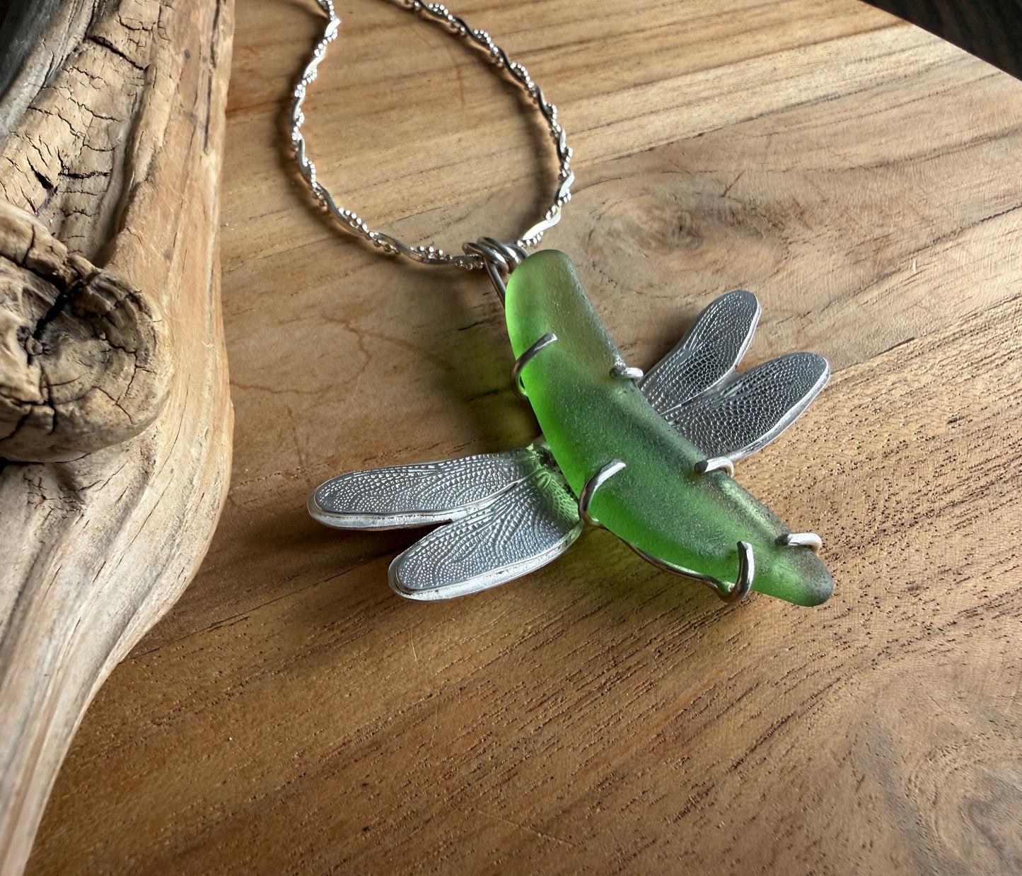 Green Sea Glass Dragonfly Necklace