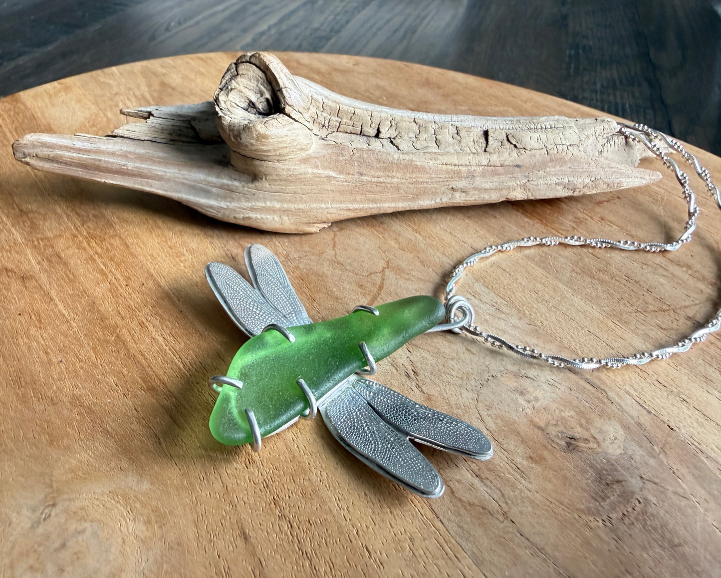 Green Sea Glass Dragonfly Necklace