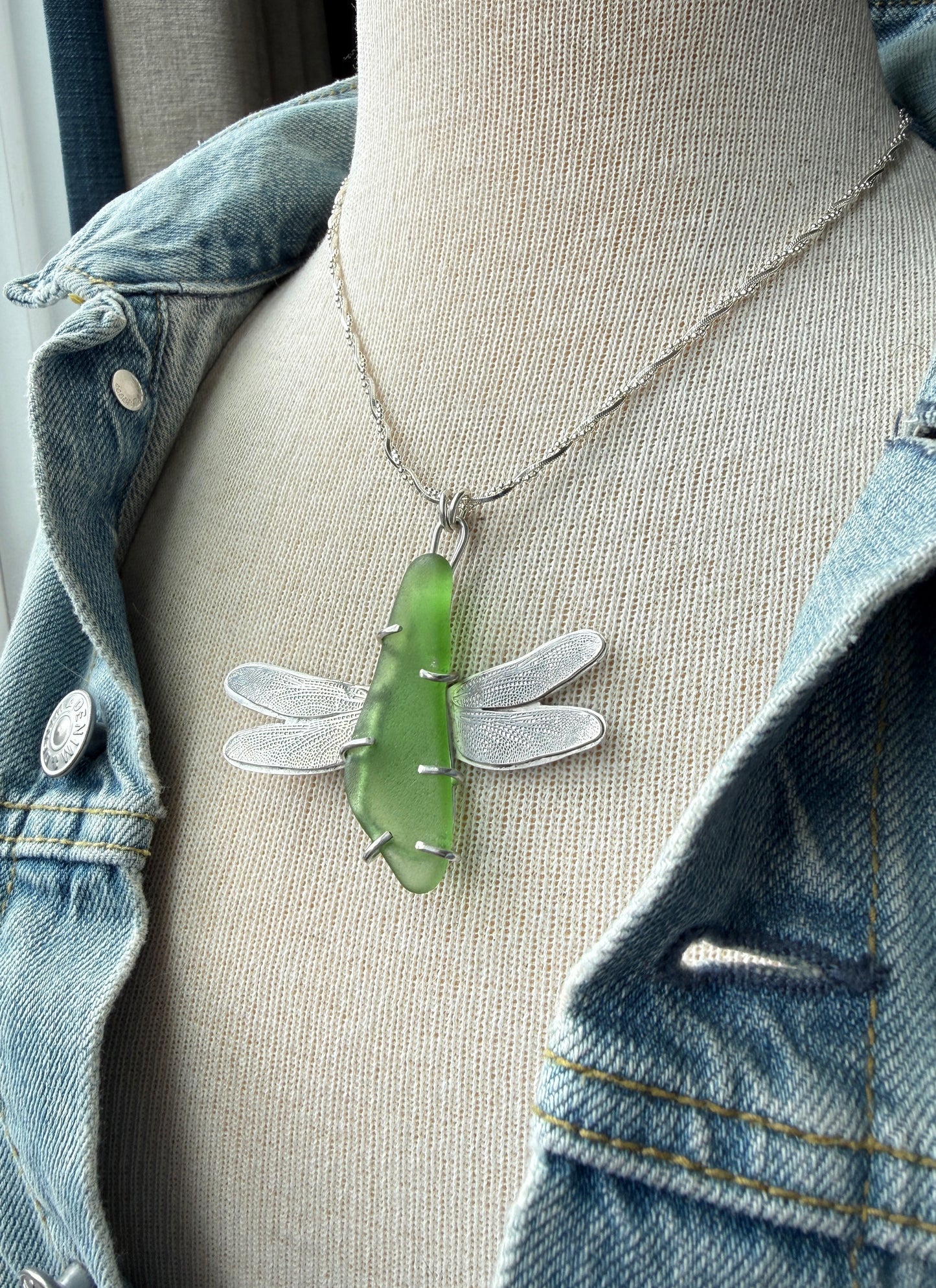Green Sea Glass Dragonfly Necklace