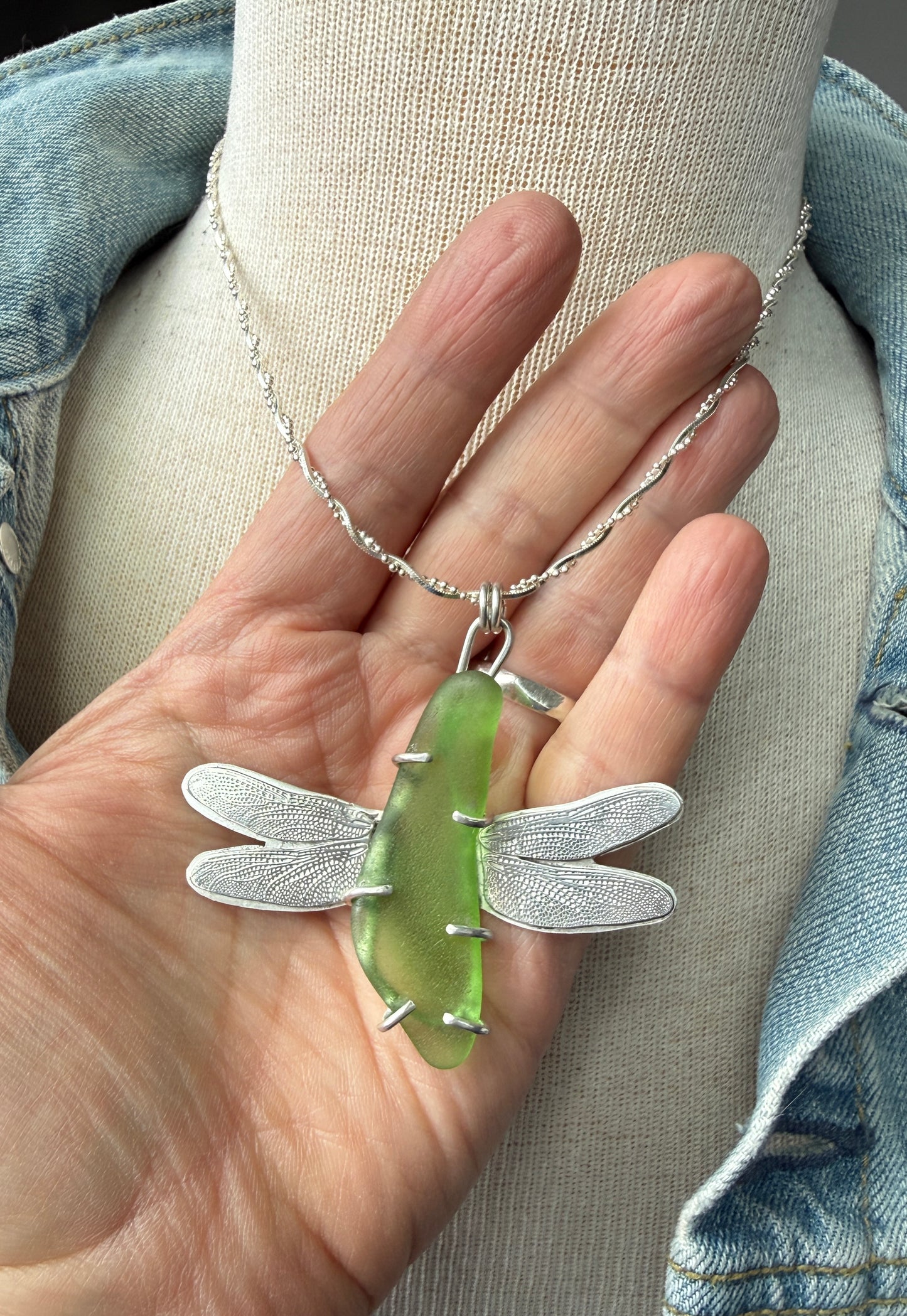 Green Sea Glass Dragonfly Necklace