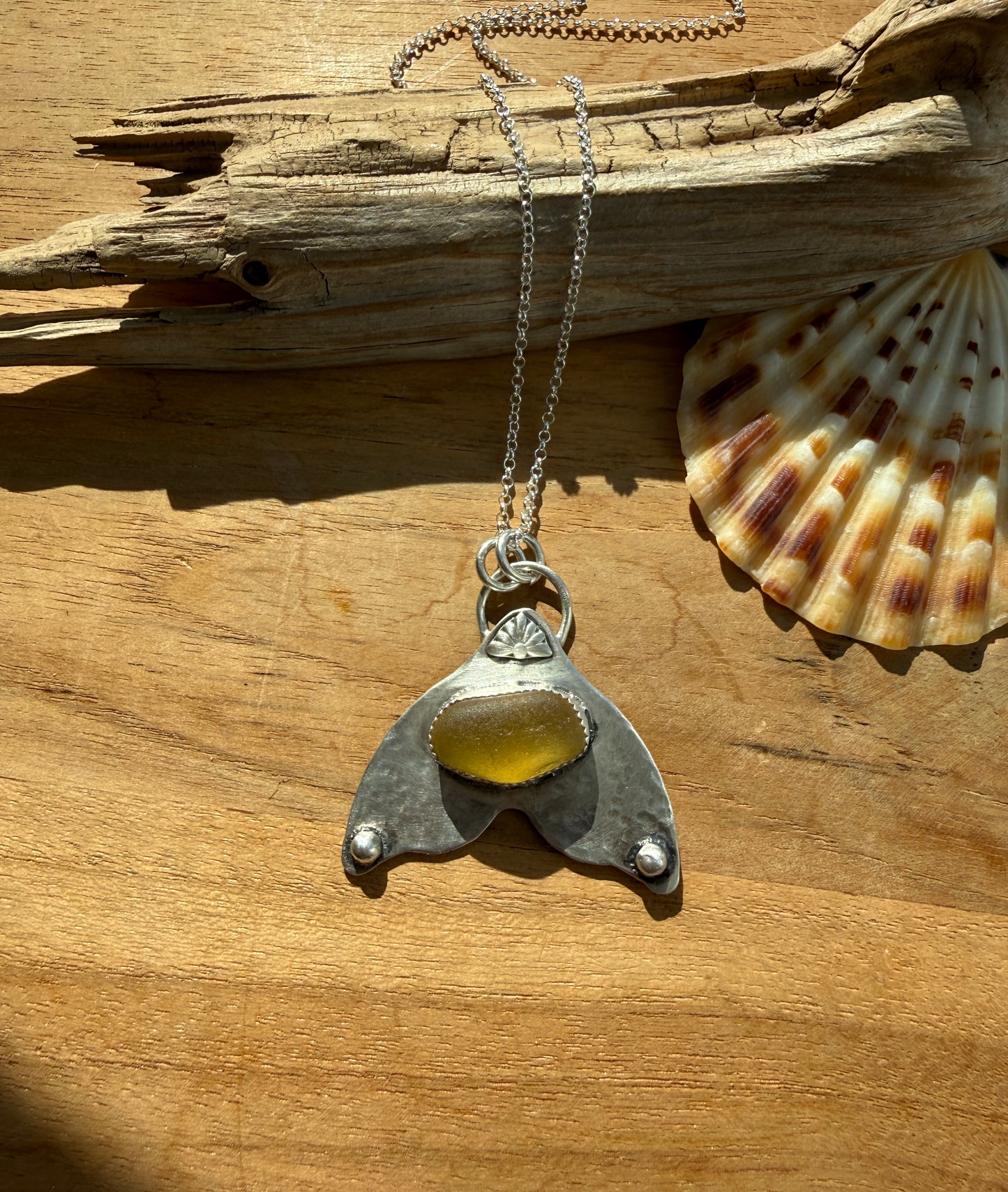 Yellow Sea Glass Whale Tail Necklace