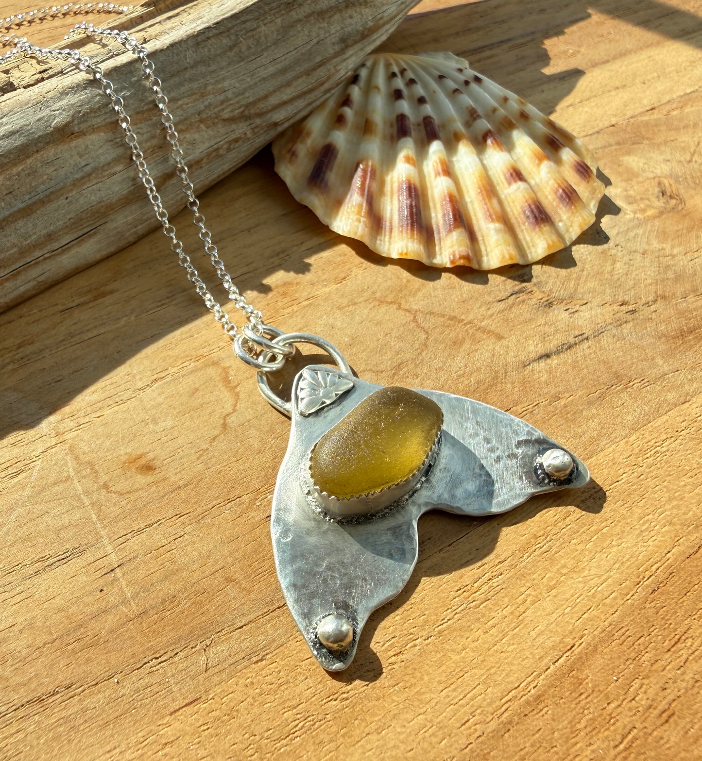 Yellow Sea Glass Whale Tail Necklace