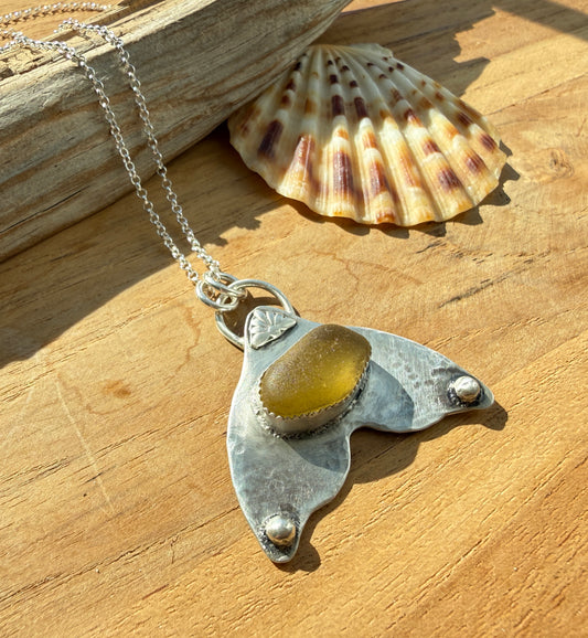 Yellow Sea Glass Whale Tail Necklace