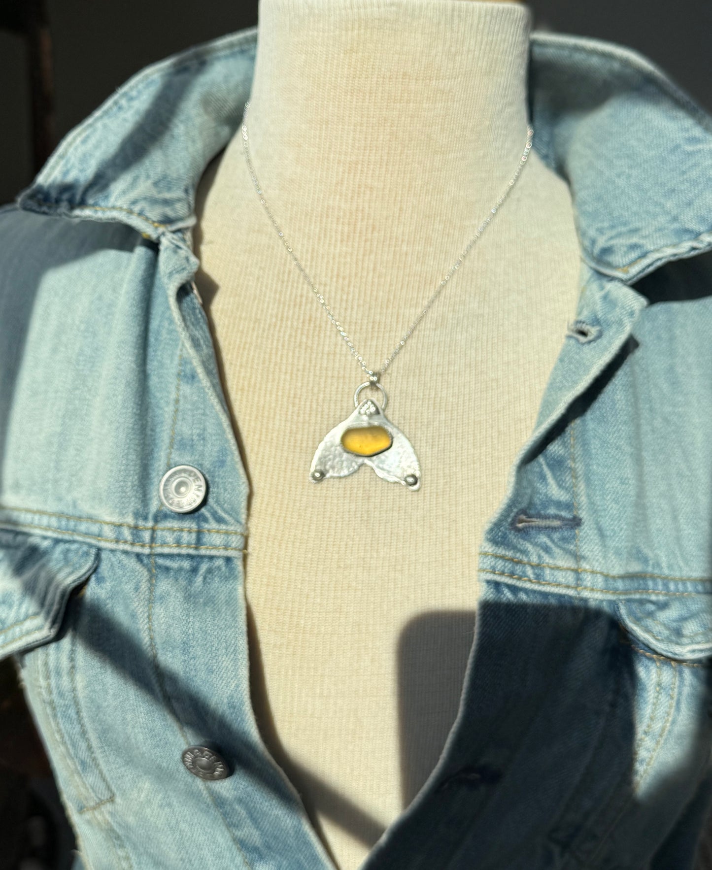 Yellow Sea Glass Whale Tail Necklace