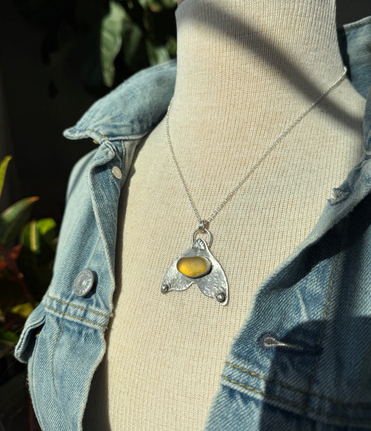 Yellow Sea Glass Whale Tail Necklace