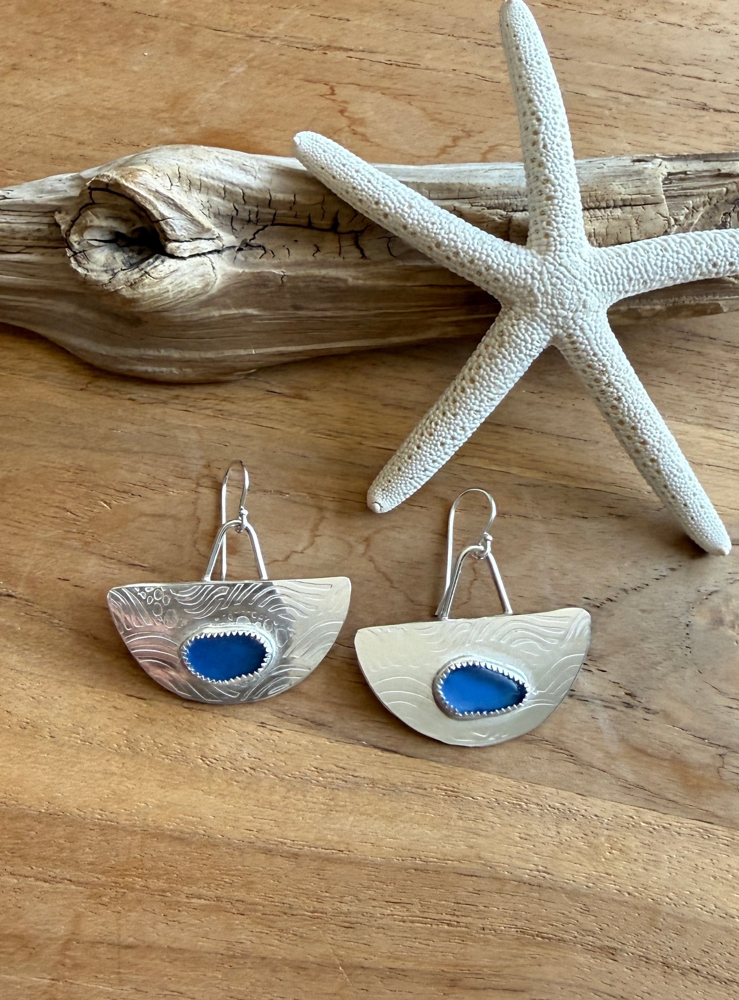 Wavy Deep Blue Sea Glass Earrings
