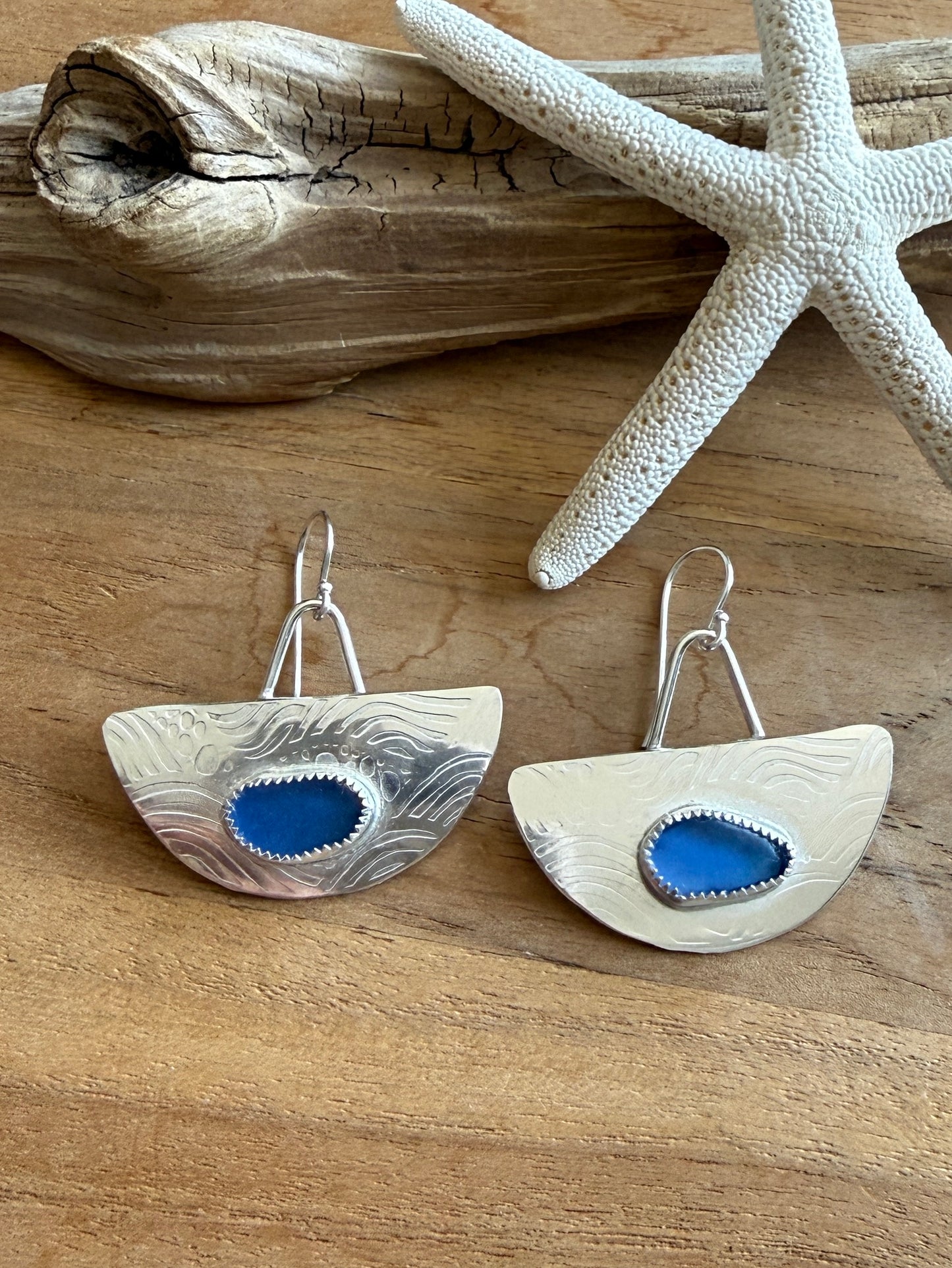 Wavy Deep Blue Sea Glass Earrings