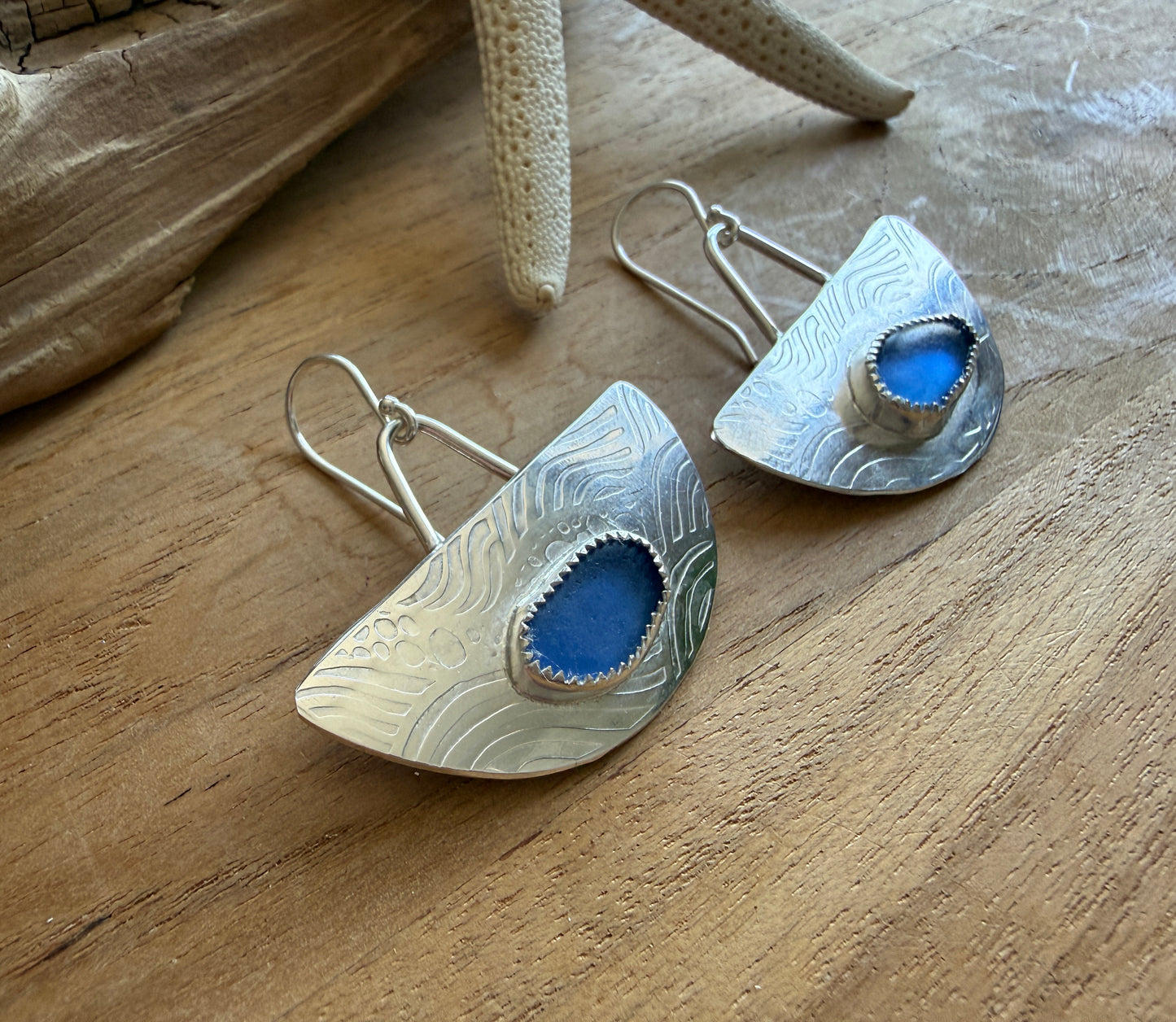 Wavy Deep Blue Sea Glass Earrings