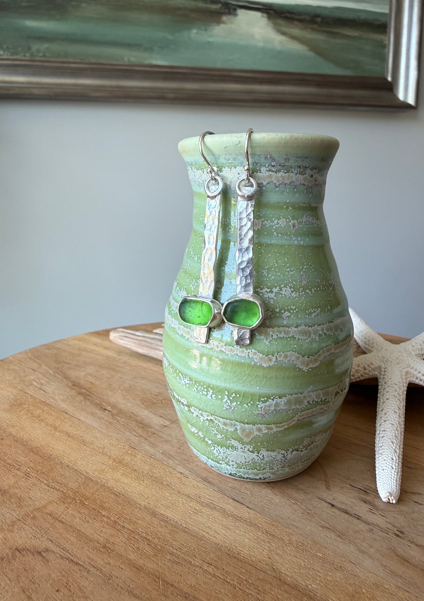 Green Sea Glass Stick Earrings